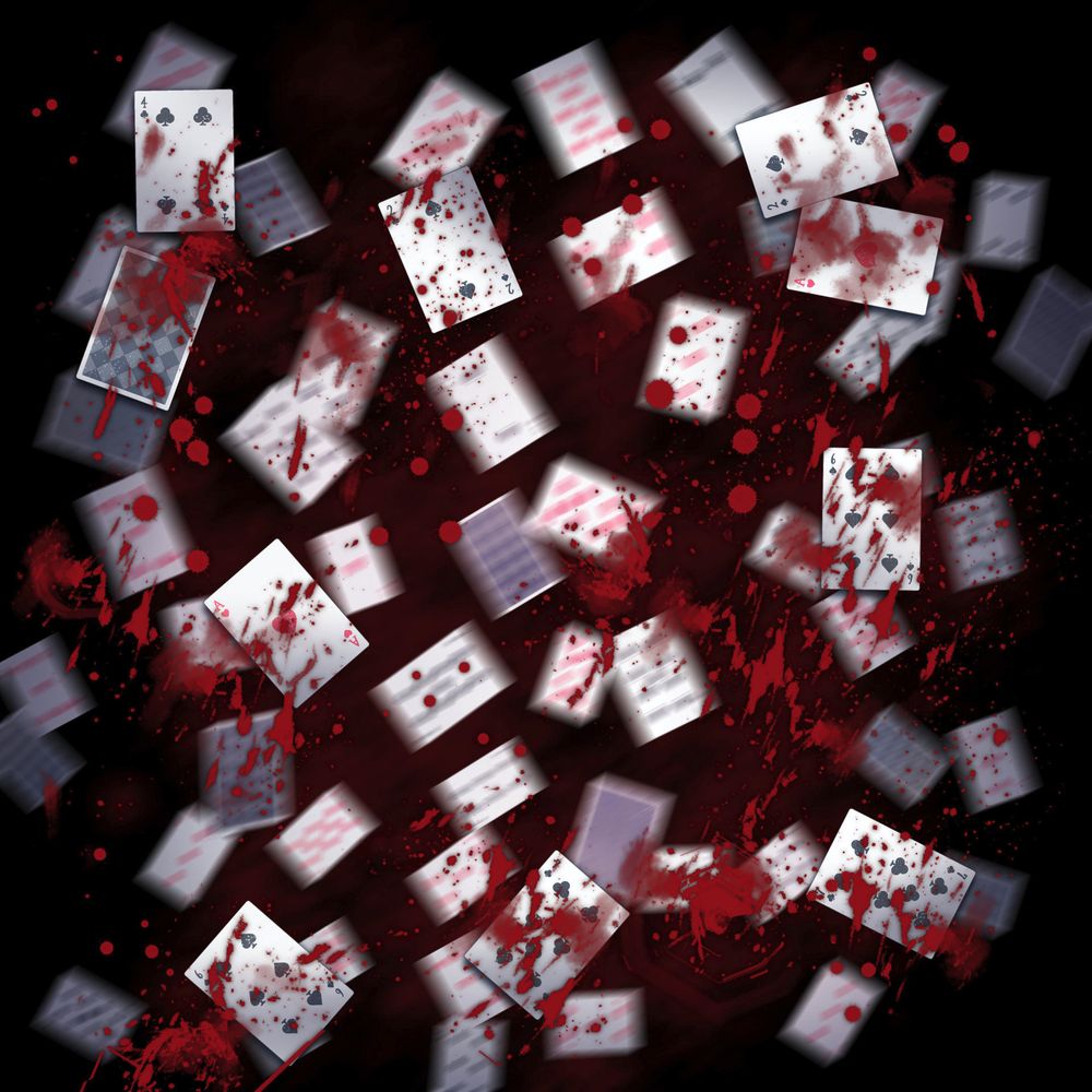 graphic of a bicycle deck of cards blurred and covered in drawn blood