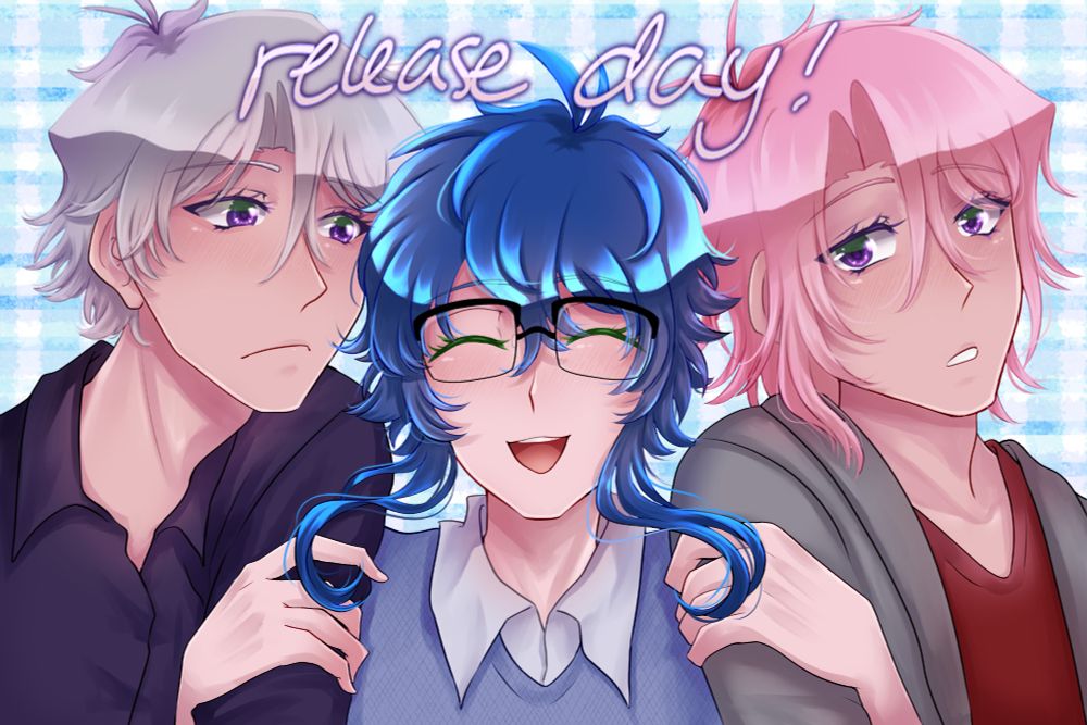 anime style illustration of 3 guys. a blue haired guy in the center is smiling, pulling the guys on either side closer who are surprised. the text at the top says "release day!"