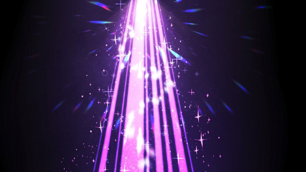 illustration of a bright purple pillar with sparkles surrounding it on a black background