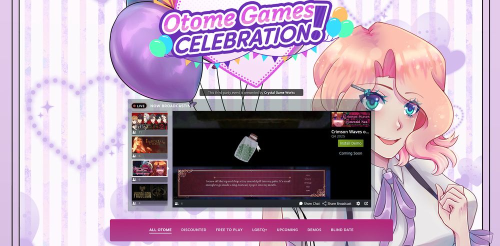 screenshot of a Steam festival page for Otome Games Celebration, showing various Steam games being broadcasted with a blonde girl smiling in the background