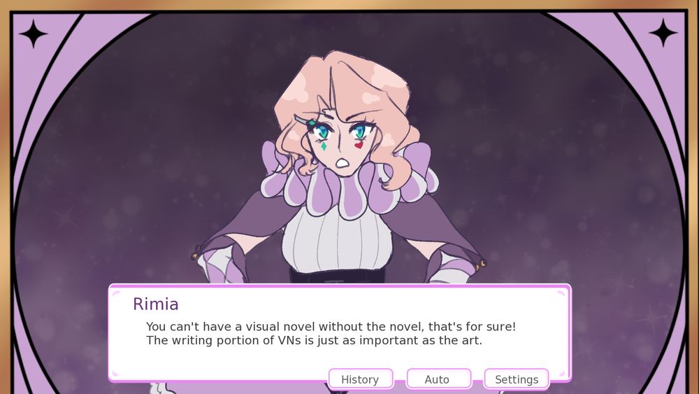 screenshot of a visual novel. a blonde girl in a purple jester outfit smiles to the viewer.
Rimia
You can't have a visual novel without the novel, that's for sure! The writing portion of VNs is just as important as the art.