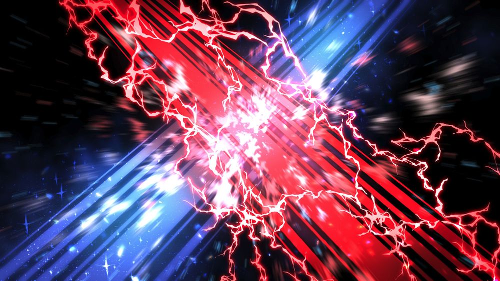 illustration of a blue and red strike hitting each other on a black background with an explosive and bright effect