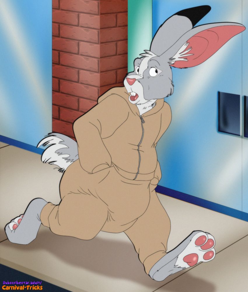 Rabbit in sweat pants and sweatshirt, trying to hide the diaper under his pants. Walking down an urban, downtown area.