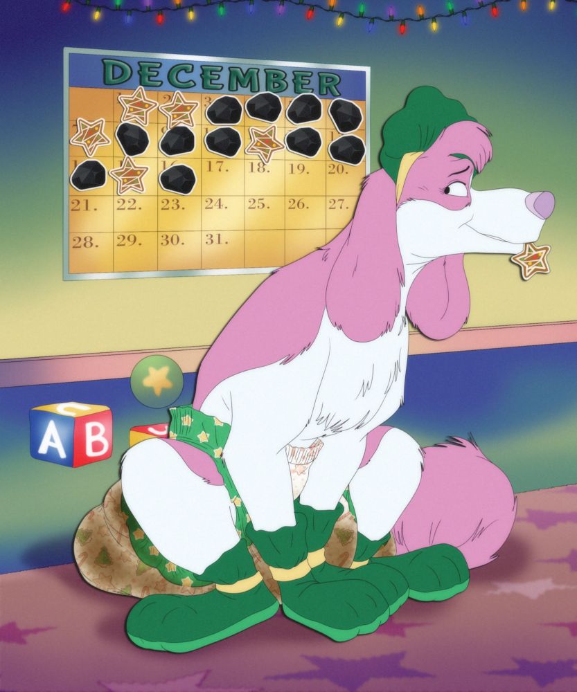 A dog with a star cookie sticker in their mouth. Looking cheekily at the viewer in a messy diaper, mittens and booties with a bonnet on their head. Behind them, a potty chart with coal indicating messy accidents and star cookies for successes. There's far more coal than stars.