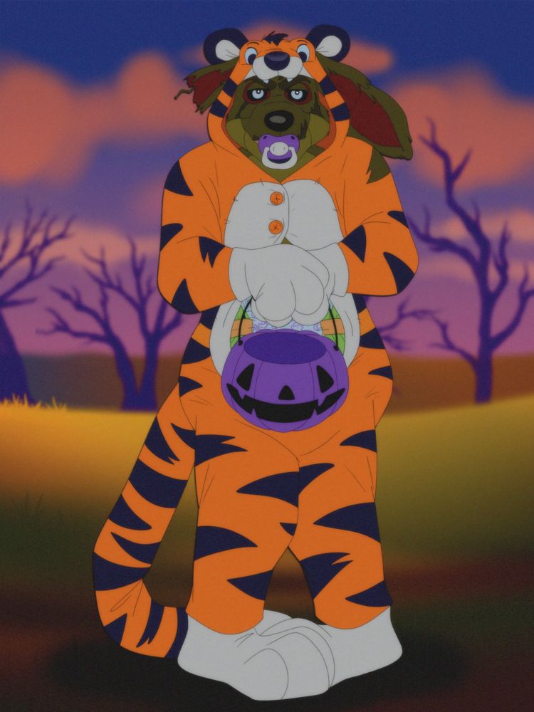 Springtrap wearing a tiger costume while holding a candy bucket. His diaper peaking through an opening in the costume and a paci in his mouth. He looks mildly embarrassed.