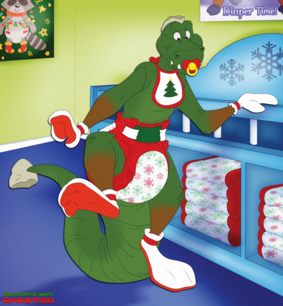 A baby reptilian trying to walk by holding the side of their changing table. They have a bib plus booties and mittens on with a paci in their muzzle. Everything from the posters to the diapers are Christmas themed.
