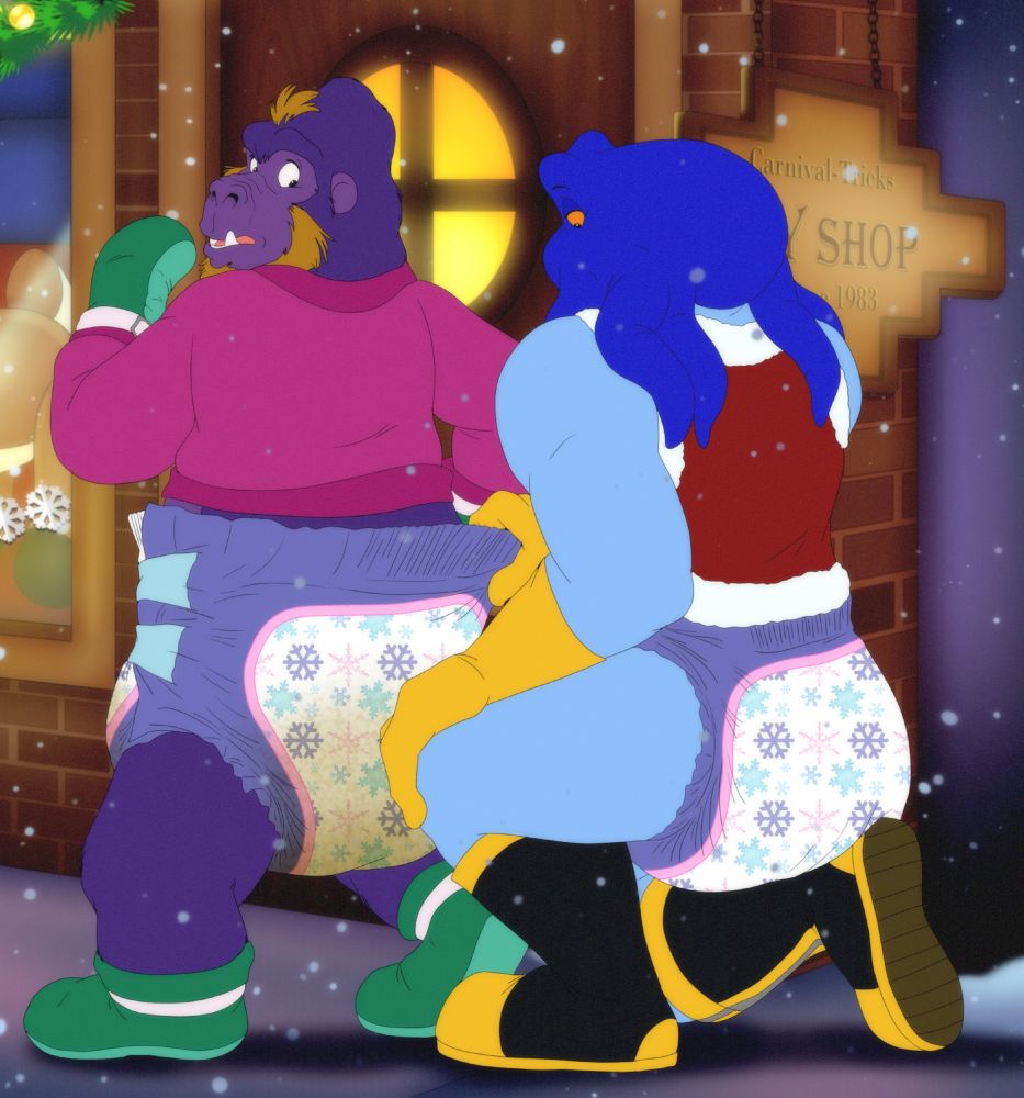An octopus character bending down on a knee to pull back and check the diaper of their gorilla ward. They're stood in front of a toy store.