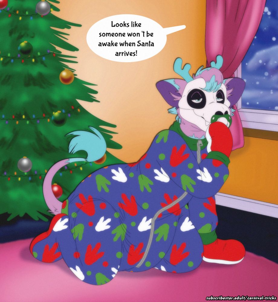 A skull faced lion creature with anglers sits in front of a Christmas tree and window. Looking sleepy and they crawl on all fours. One mitted hand pressed against their pacifier.

Text from off screen says: "Looks like someone won't be awake when Santa arrives." 