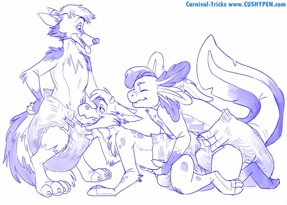 Three characters engaging in a threesome. One character is standing, having their dick sucked. The one in the middle is on all fours, sucking someone's cock while their diaper is being humped in the back. The third character is grinding their hard diaper front against the diaper of the one in the middle. All are messy.