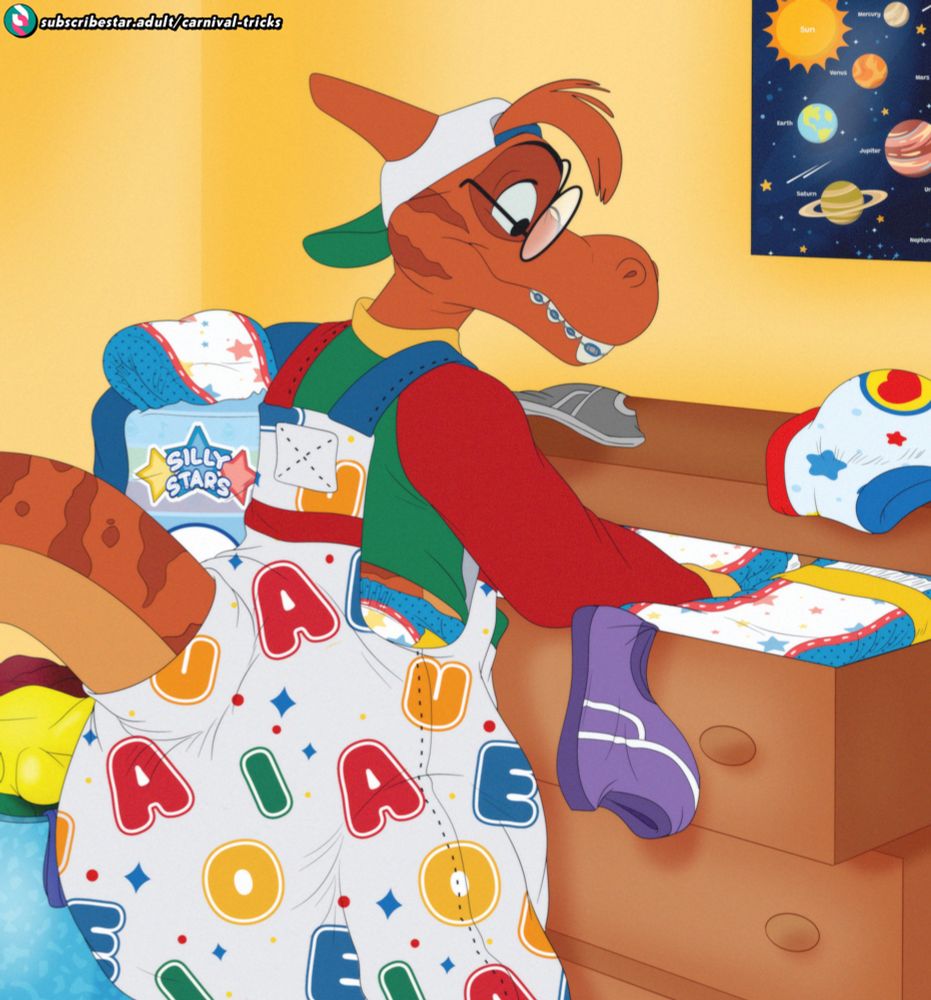 Simon the Charmeleon going through his friend Maz's underwear drawer and replacing all his briefs with diapers. There's several pairs of undies laying around (including one that seems to have padding built in for accidents!) a dresser. The top drawer is open and everything inside is diapers.

Simon is holding a pack of diapers under his arms (Silly Stars brand) while his other arm is messing with the diapers in the dresser. He has a smile on and is wearing a cute paid of vowel themed overalls.