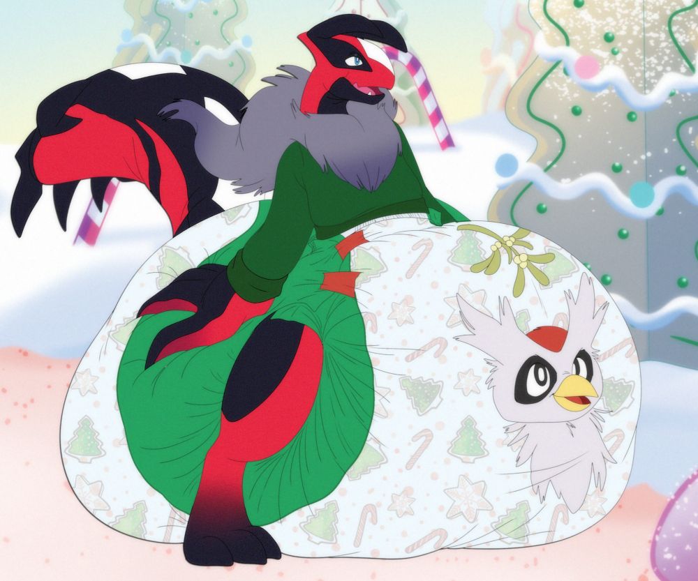 A lugia / yvetle with a MASSIVE diaper with a delibird on it.