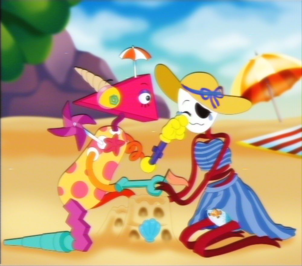Zooble helping Gangle rebuild a sandcastle after it was knocked over. Zooble is wiping away one of Gangle's tears while handing her a flag with their other hand. Gangle is reaching out to grab the flag. They're on the beach.