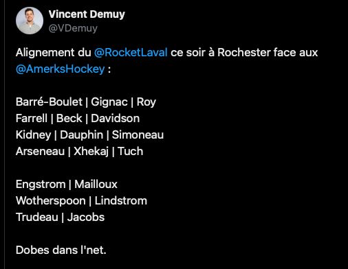 alignement du Rocket de Laval pour le match de ce soir contre Rochester.