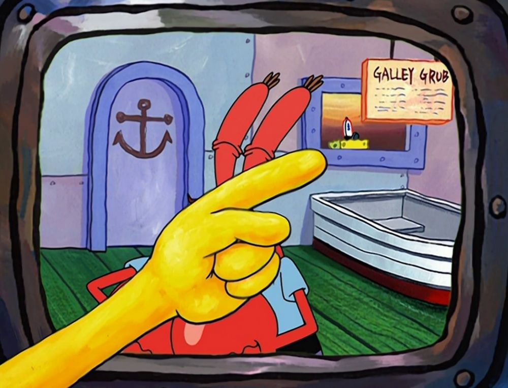 Spongebob proudly pointing at himself on tv, but you can only see his forehead in the background
