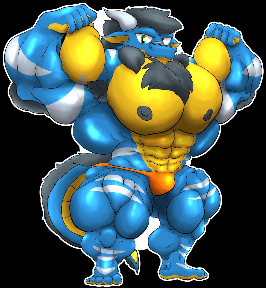 A very muscular short stack dragon in posers does a big double bicep flex