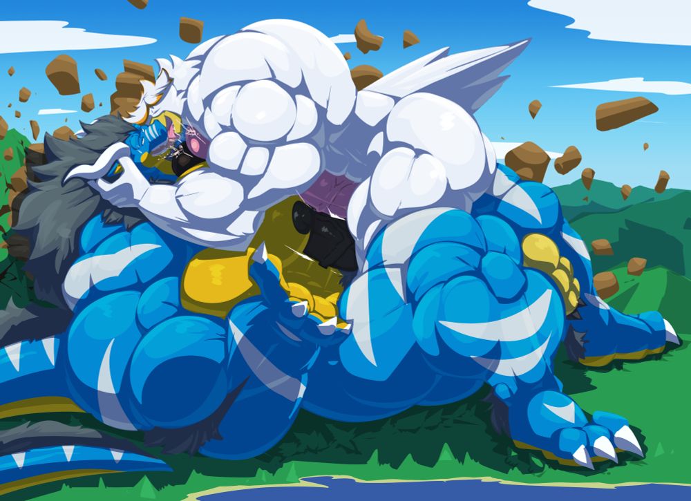 A mountain-sized dragon and cockatoo crash into a mountain as they make out and frot their dicks between them