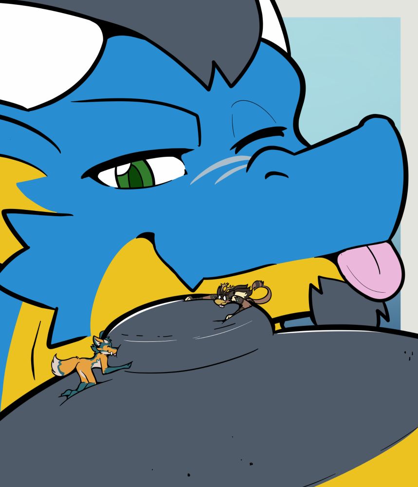 A dragon gives a cheeky wink and beep watching a miniscule maned wolf and gryphon worship his expansive nipple 