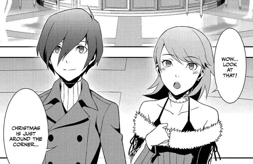 A screencap of the Persona 3 manga, with Yukari to the right saying "Wow... Look at that!" and protagonist Minato Arisato to the left saying "Christmas is just around the corner..."