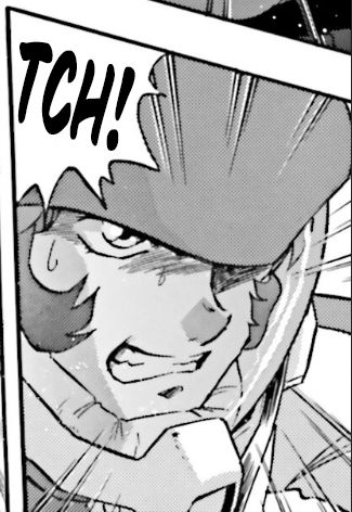 cropped manga panel from the newtype warrior jamil neate manga. teenage jamil in his pilot suit and helmet grits his teeth in frustration with beads of sweat on his face. there's a dialogue panel reading "tch!"