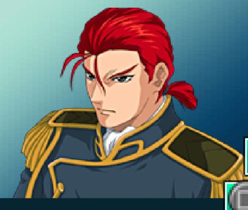 cropped screenshot of sd gundam g generation overworld, depicting some of its artwork for lancerow. he looks angry