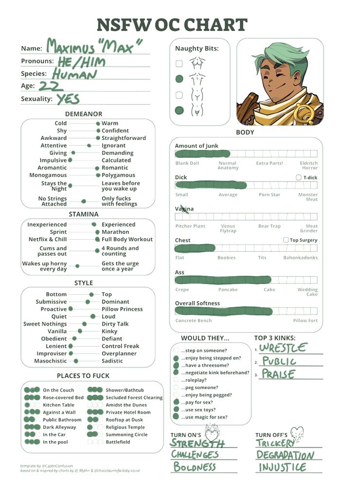 A character sheet listing several details about a character's preferences and behavior when it comes to intimacy, featuring Max the human paladin.