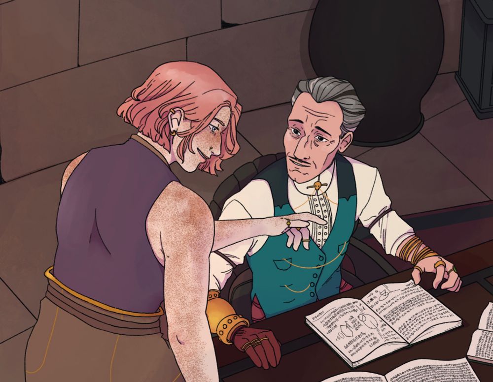 A close up of the same artwork from the original post, focused on Emmrich Volkarian looking at Rook with affection while she points something out on the page of the book open in front of him