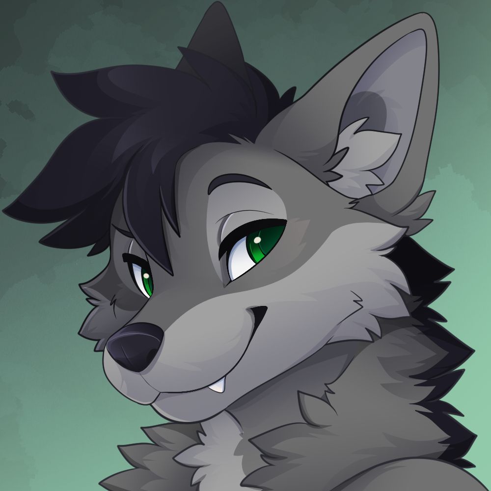 Headshot art of an anthro grey wolf smirking at the camera. He has green eyes, and black hair. Art is by brizunzies.bsky.social.