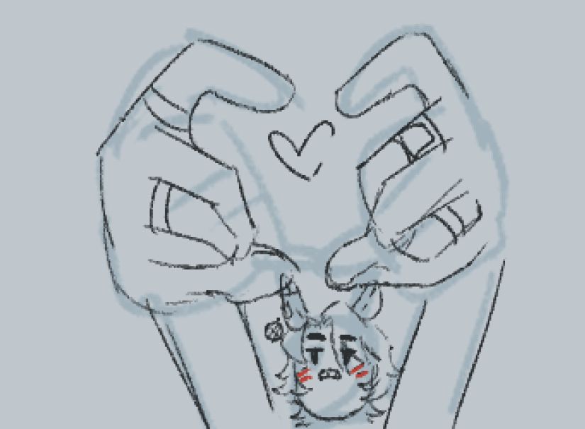 silly doodle of dandan doing a heart with his hands so close to the camera that his head looks really small