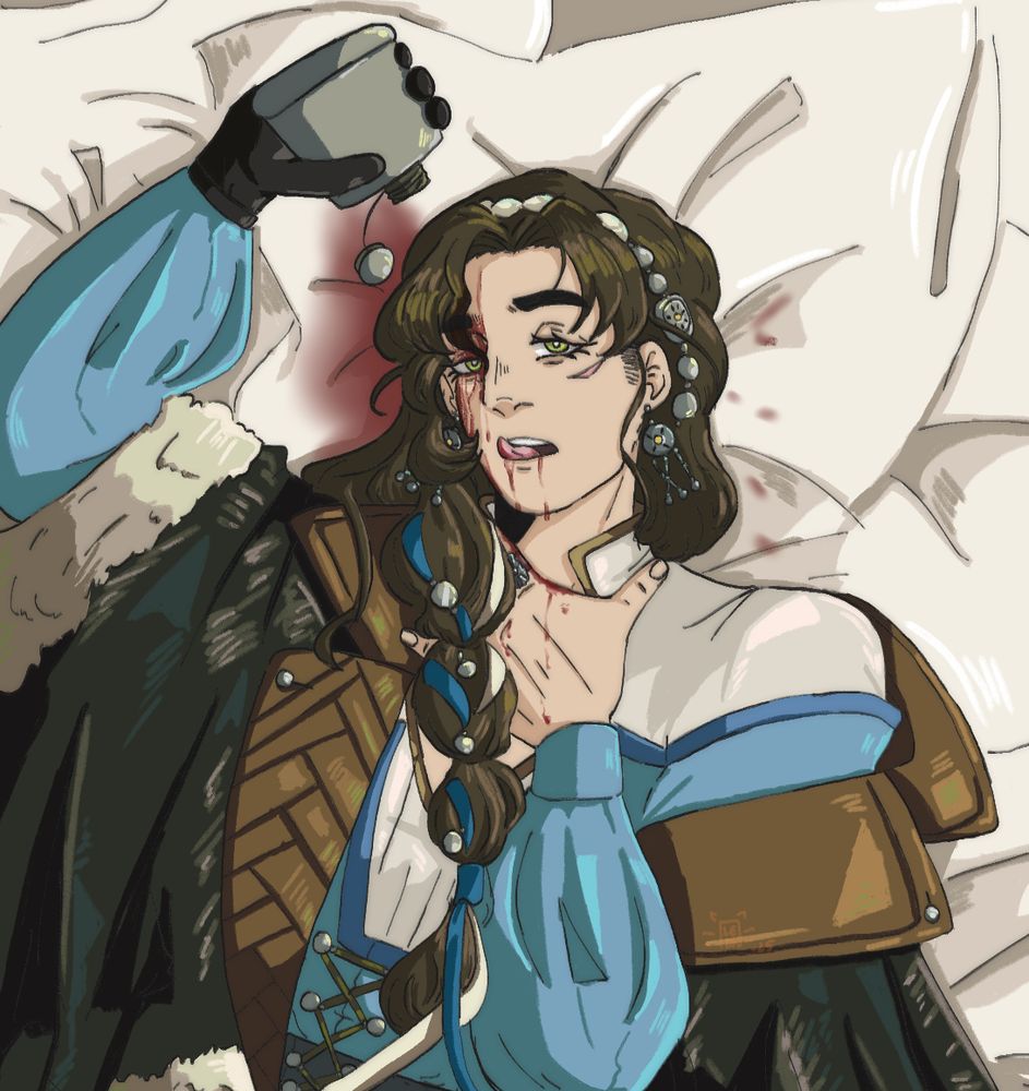 drawing of moldir from reverse1999. she's laying down on the bed pouring wine on her face from a metal flask held in her right hand. she's wearing her insight 2 outfit with the coat halfway on and draped over her on the bed. the wine also has soaked some of the pillow beneath her. 
it drips from her forehead down her face, and her tongue is sticking out to catch some of what has dripped into her mouth. she's looking straight at the camera, like this is some kind of candid photo.