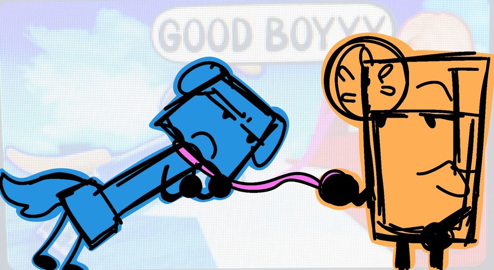 that one roblox two player dog obby game thumbnail but there's orange juice (oj) holding lamp (with a dog tail and ears) on a leash, both characters from object invasion, oj telling lamp "good boyyy" while lamp's annoyed