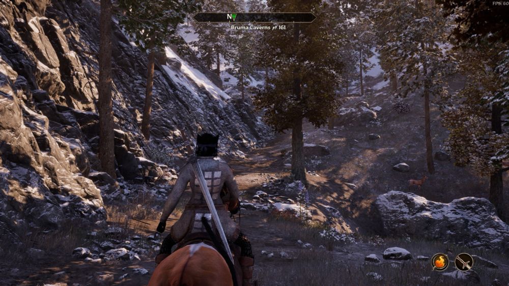 The player character in Oblivion remastered riding a horse through the northern forests near the border of Skyrim 