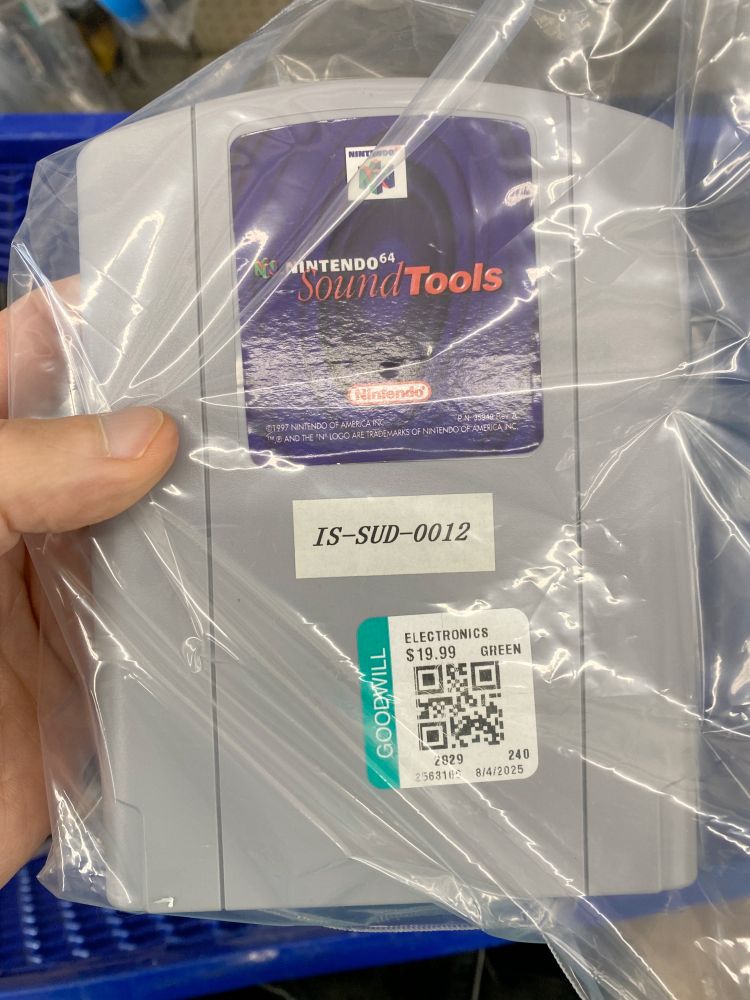 tall N64 development cartridge labeled Nintendo 64 SoundTools with a $19.99 Goodwill price tag