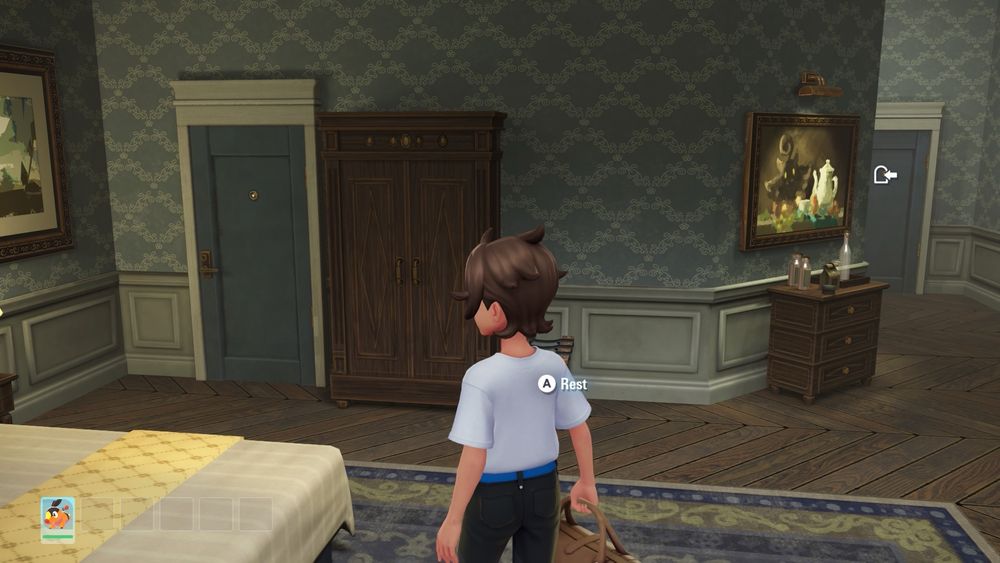 Screenshot from Pokémon Legends Z-A showing the interior of a hotel room with a bed, a rug on the floor, patterned wallpaper, and two identical doors with peepholes
