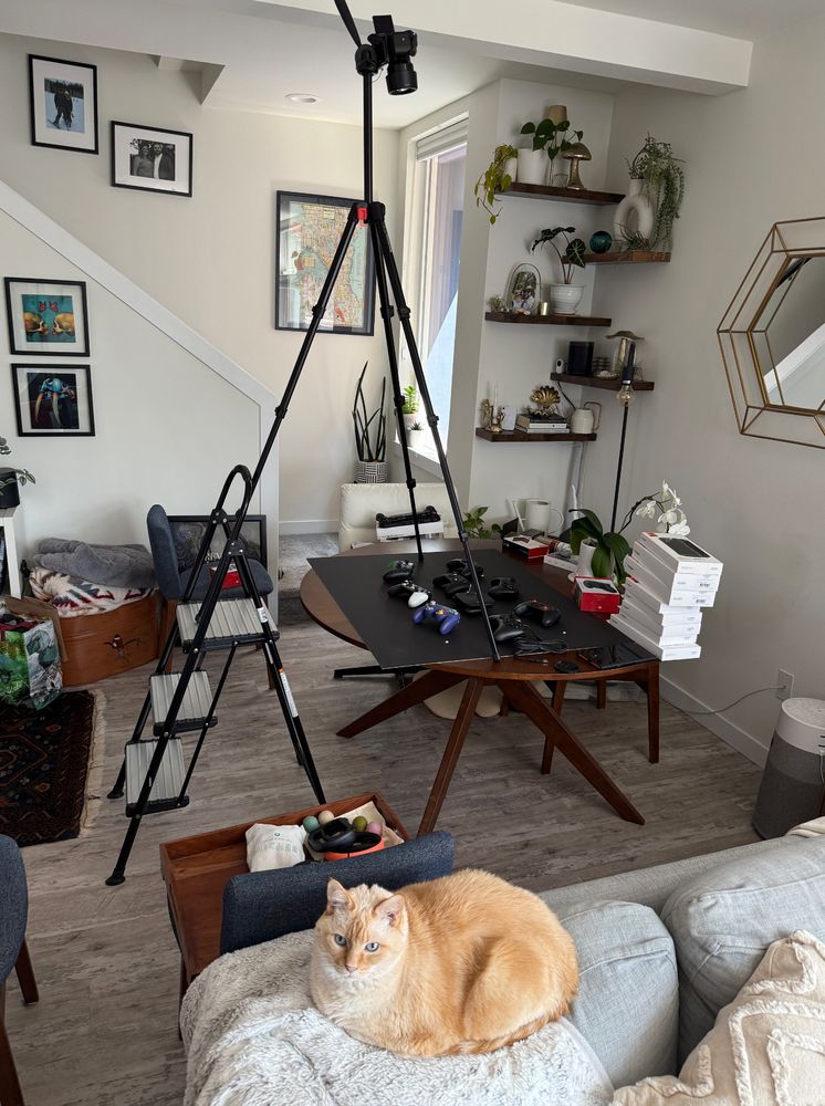 Camera on a tripod extended to maximum with a step ladder and wooden kitchen table. An orange cream cat is resting in the foreground on a gray couch