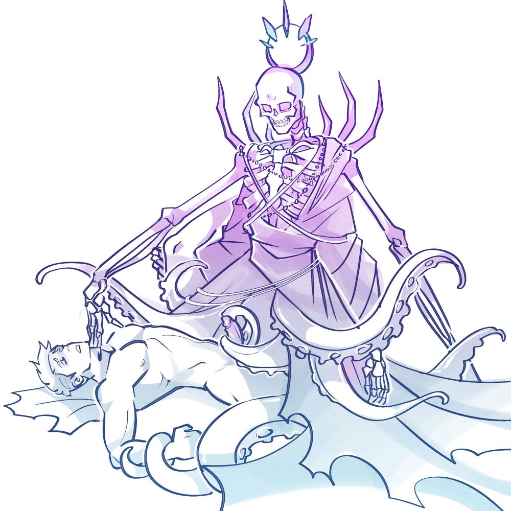 Connor sitting atop a man. One hand pressing against the man’s throat, and a tentacle is wrapped around his cock. Another hand of Connor’s is lifting one of the man’s legs. 