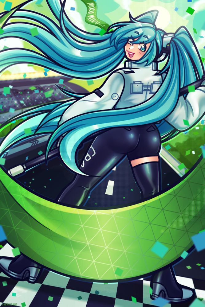 Drawing of Miku looking back at viewer as she stands on a race track. She is based on the Goodsmile figure with a white jacket and black boots/pants. She is holding a green flag as confetti is shot into the air around her.