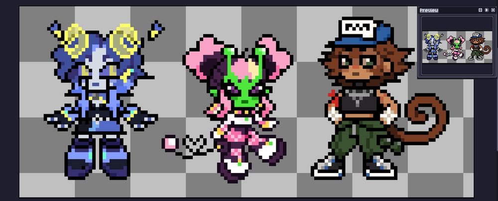 Pixel art I drew of my glorp vtuber and my partner/friends characters. On the right is Jackson and on the left is Piku.