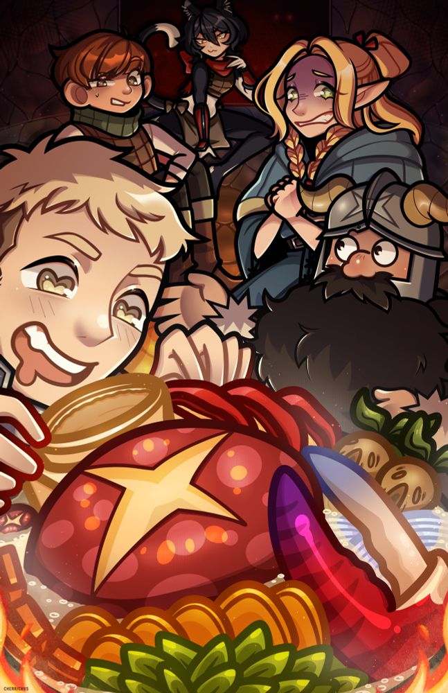 Print design of Dungeon Meshi that features Laios, Marcille, Senshi, Chilchuck, and Izutsumi all looking at a hotpot of food.