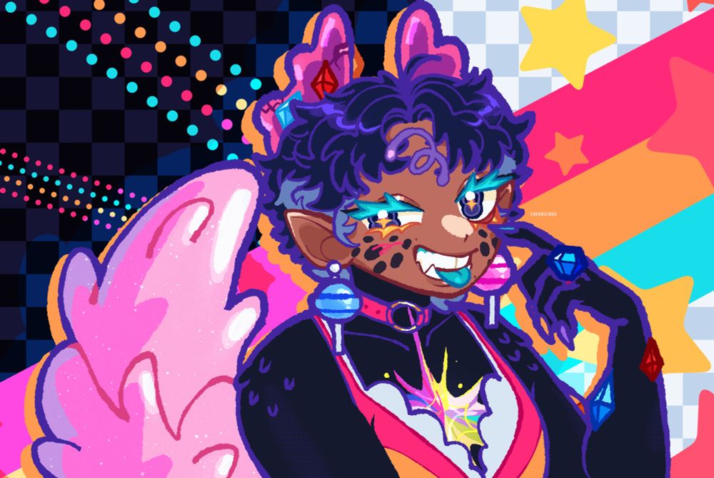 Bust up drawing of Izzy Belbeeps new vtuber design. They have very short hair while looking at the viewer sticking their blue tongue out and smiling.