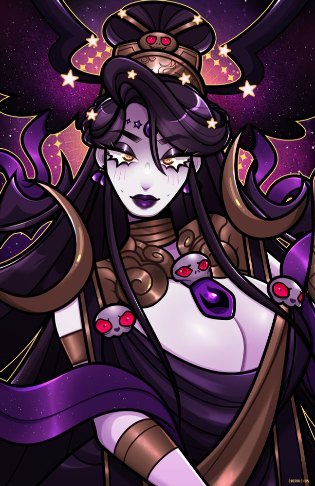 Drawing of Nyx from Hades looking at viewer. She is pale and has long black hair with purple gems and skulls on her. She is surrounded by stars like a galaxy.