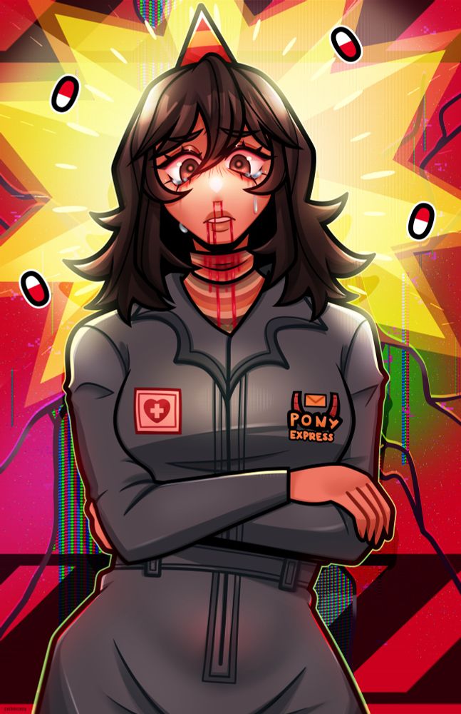 Art of Anya from Mouthwashing. There is blood coming from her mouth and nose as there’s tears coming down her face. She is wearing the birthday hat as she stands in front of a broken screen. Pills referencing how she died in the game.
