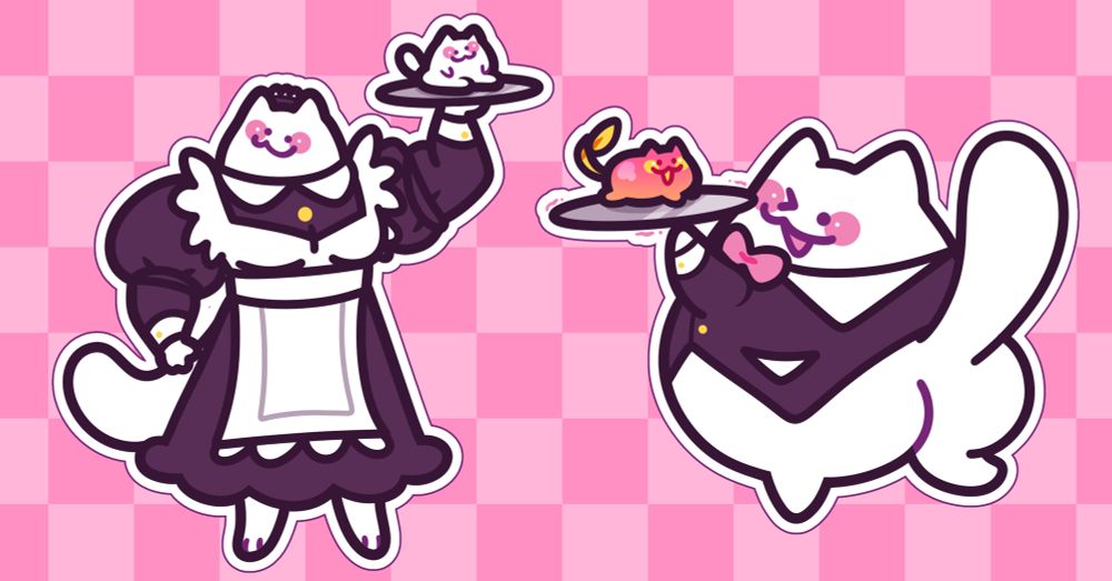 Art of my mascots Buttcat, Buffcat, and Pittercat. Buffcat is in a French maid outfit holding a tray with Buttcat on it while another Buttcat is dressed in a butler outfit holding a tray with a Pittercat on it.