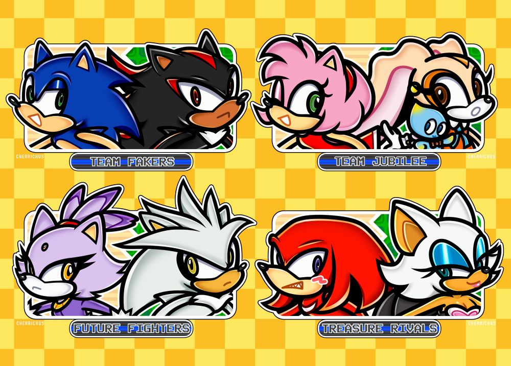 Sonic charms based on Sonic Advance 3 team ups. Charms include Sonic/Shadow, Amy/Cream/Cheese, Blaze/Silver, and Knuckles/Rogue.