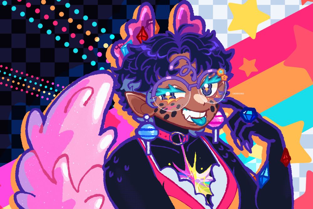 Same drawing as before but with purple glasses with flowers on them.