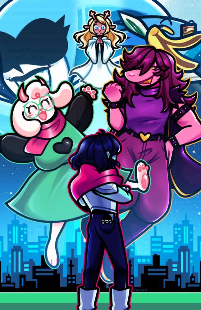 Group drawing of Deltarune characters featuring Kris, Susie, Ralsei, Noelle, Lancer, Queen, and Birdly. Illustration is based on chapter 2 with the city in the background.