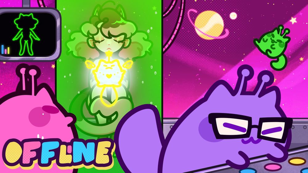 Offline screen which features the inside of a UFO showing Cherri in a alien tube with a purple, pink, and green glorpcat around them.