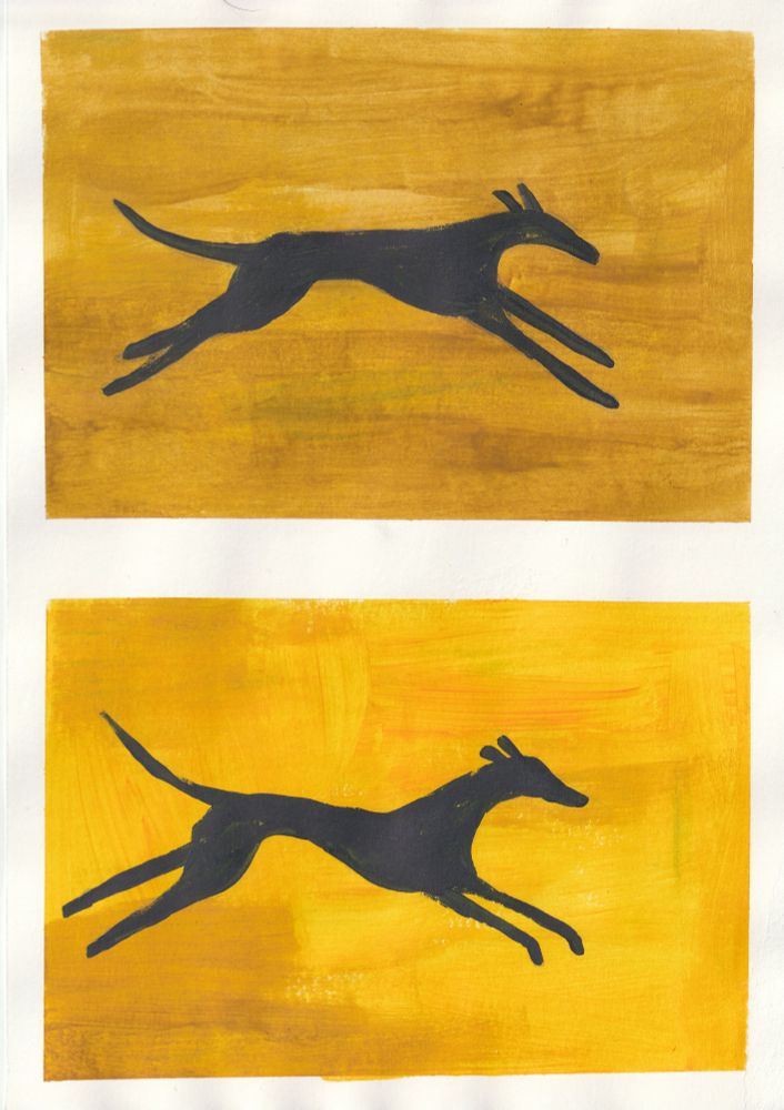two silhouettes of a running sighthound against a yellow background.