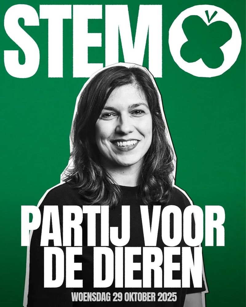 Political campaign poster for "Partij voor de Dieren," emphasizing voting on October 29, 2025, with a black and white portrait of Ines Kostić against a vibrant green background.

