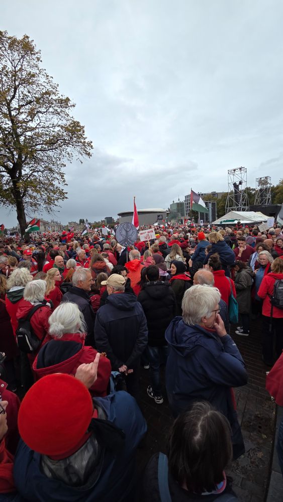 A mass of people in red at Museumplein, Amsterdam for the "Rode Lijn" protest against the genocide in Gaza. 
