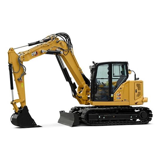A (large) CAT mini excavator with an enclosed cab, push blade, and bucket.

I also want one very badly 